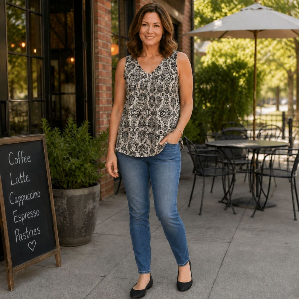 Cynthia Rowley Mixed Print Sleeveless Top XL Black Ivory Striped Back Artsy Boho